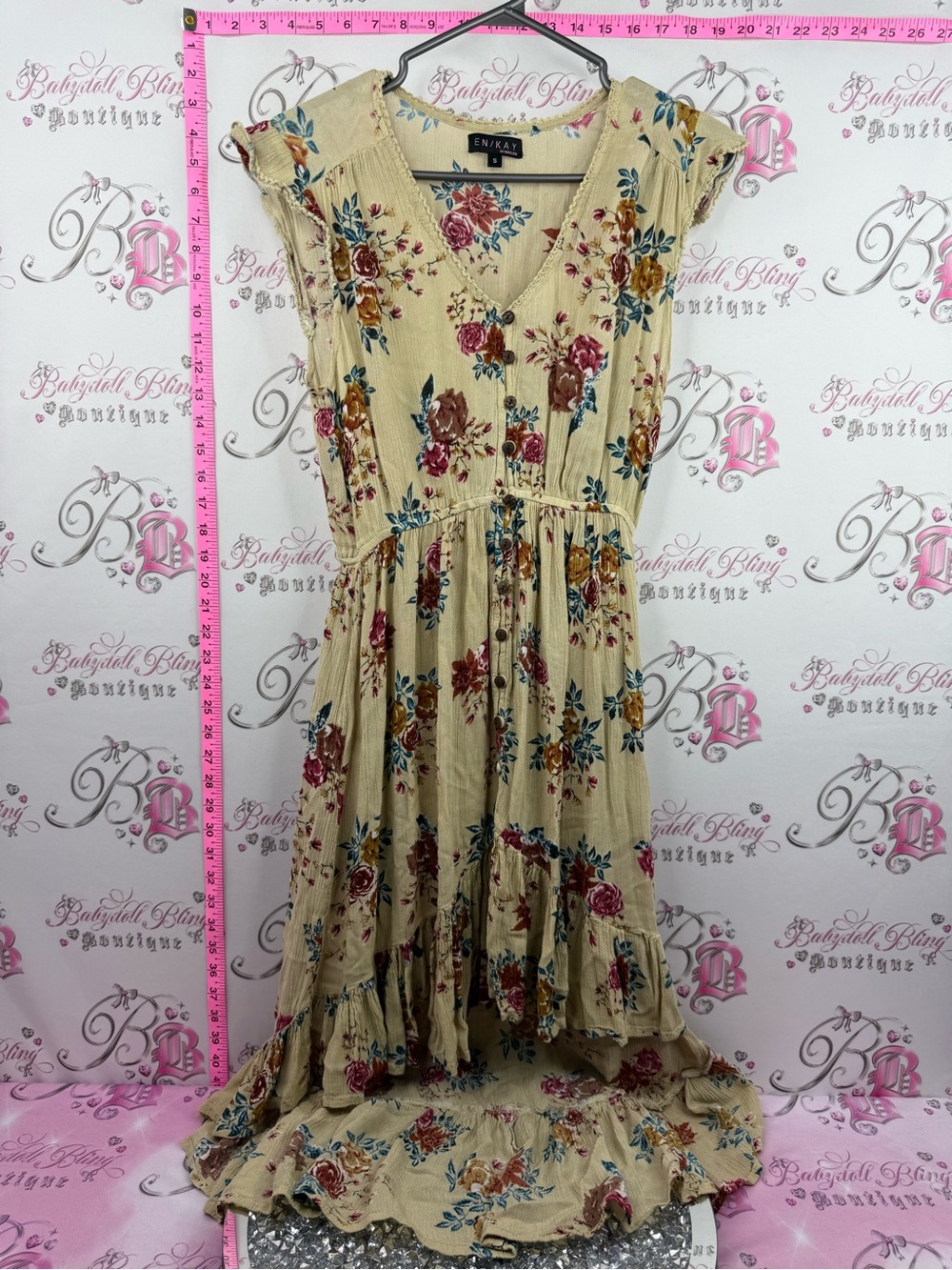 ENKAY dress high low Women's Floral V-Neck Cream Maxi Dress